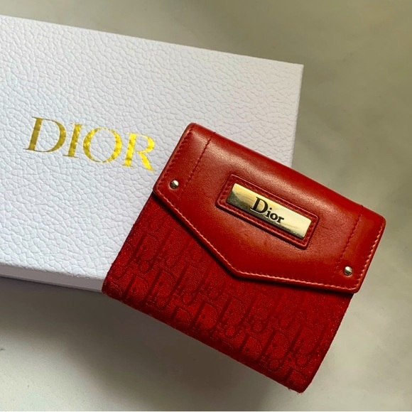 Dior Vintage Red Trotter Double Snap Bifold w/Coin Pocket Leather Wallet w/Box - Picture 1 of 11